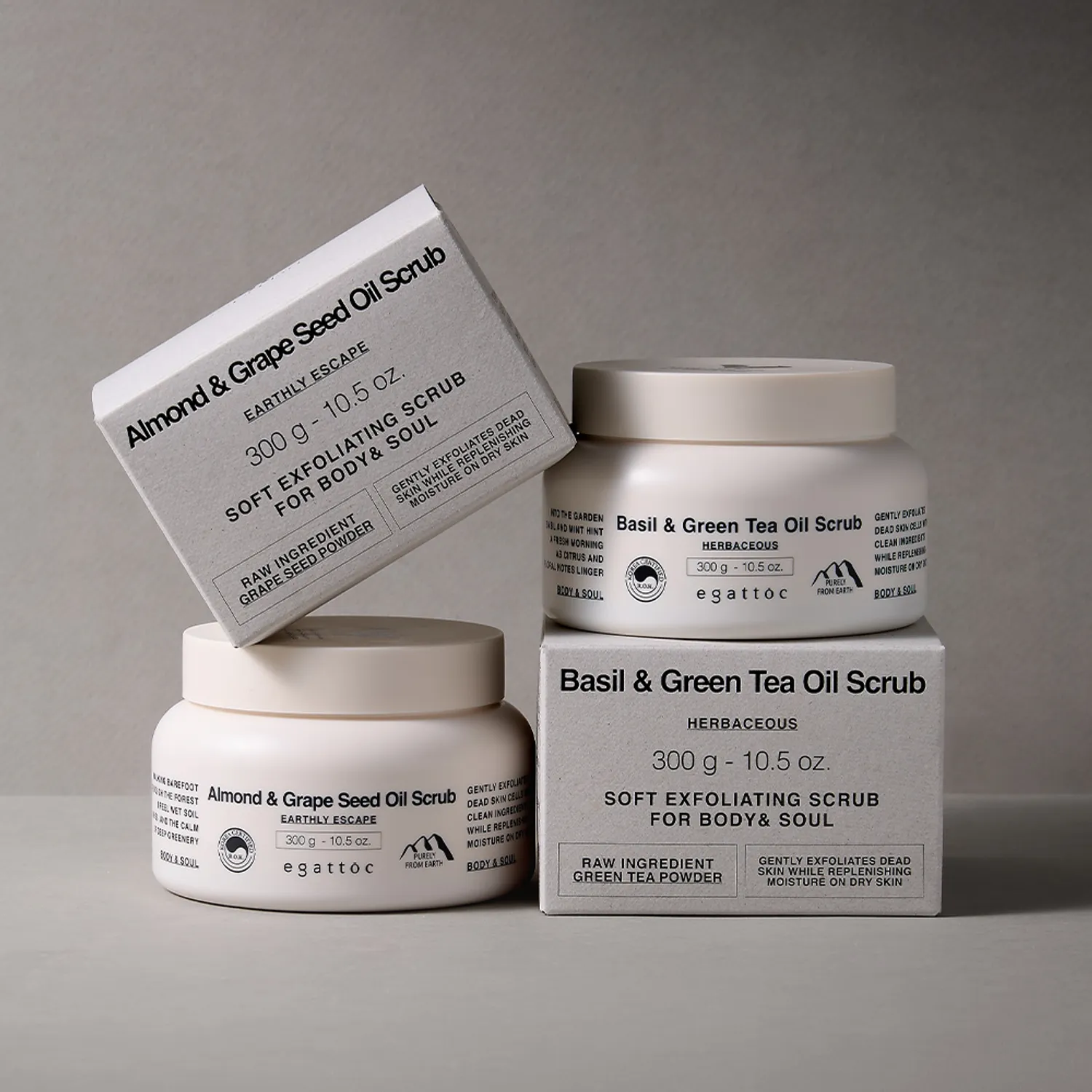 Egattoc Oil Scrub 300g (Basil & Green Tea / Almond & Grape Seed)