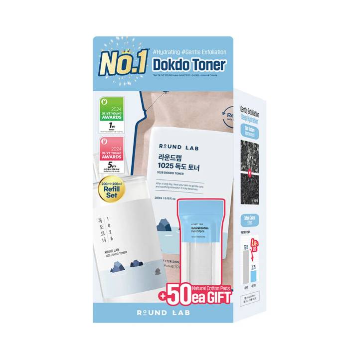 [+Refill/Cotton pad] ROUND LAB 1025 Dokdo Toner 200ml Refill Set